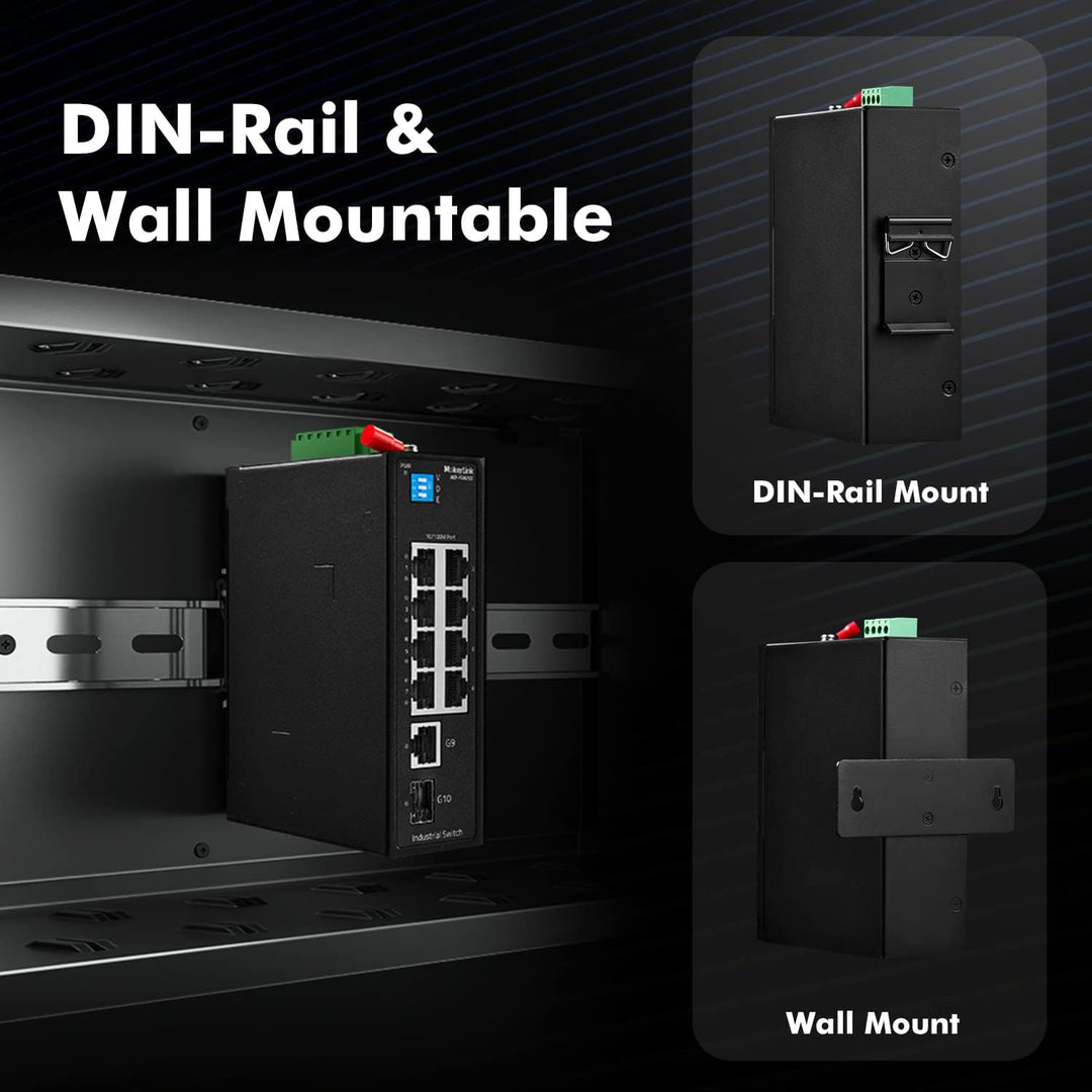 MokerLink 10 Port Industrial Din Rail Switch, 8 Ports 100Mbps,1 Gigabit Ethernet and 1 SFP Uplink, D