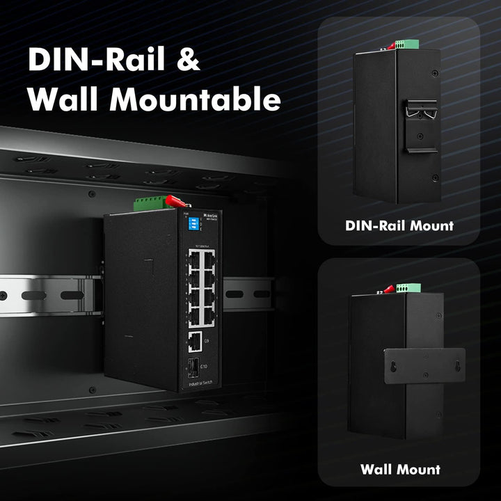 MokerLink 10 Port Industrial Din Rail Switch, 8 Ports 100Mbps,1 Gigabit Ethernet and 1 SFP Uplink, D