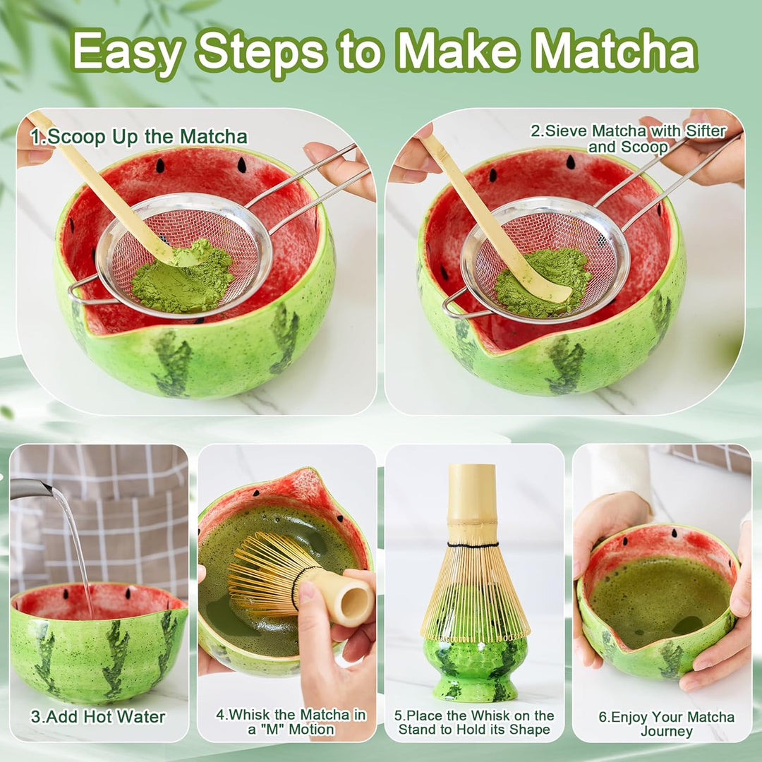 Matcha Tea Set 8- piece Matcha Broom Set with Whisk, Broom Holder, Ceramic Bowl, 2 Teaspoons, spoon