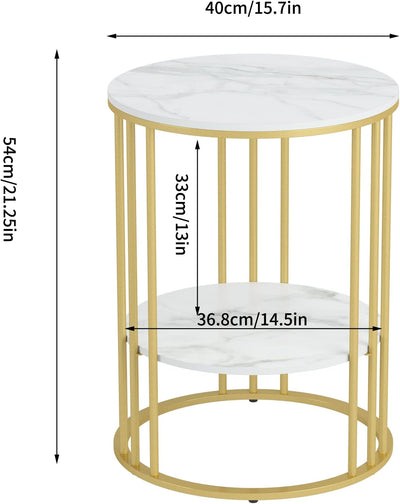 FATIVO Marmor Couchtisch Beistelltisch Gold: Sofatisch 2 Ablagen - Nachttisch rund fürs Wohnzimmer S