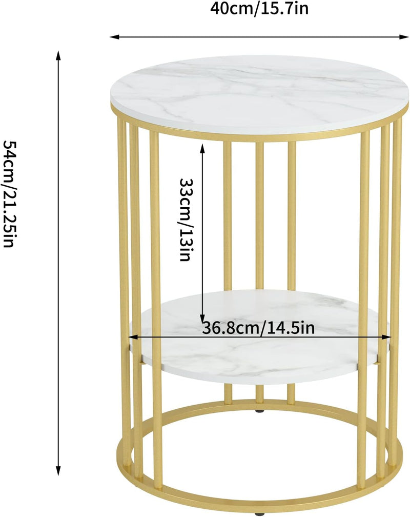 FATIVO Marmor Couchtisch Beistelltisch Gold: Sofatisch 2 Ablagen - Nachttisch rund fürs Wohnzimmer S