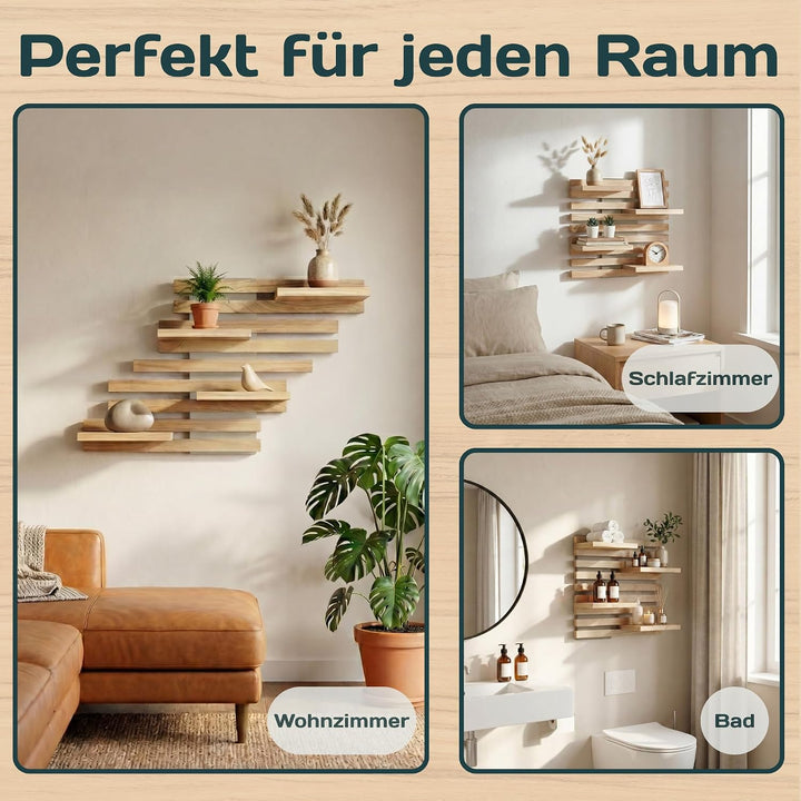 Wandregal Holz Hängend - Modulares Bücherregal Set aus Massivholz - Schwebendes Regalbrett für Wohnz