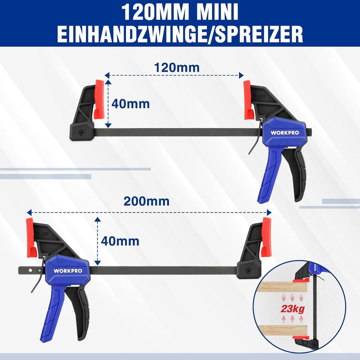 WORKPRO Einhandzwingen Set 4 Stück Schraubzwingen Spanner, Spannweite 120mm/150mm, Dehnbereich 200mm