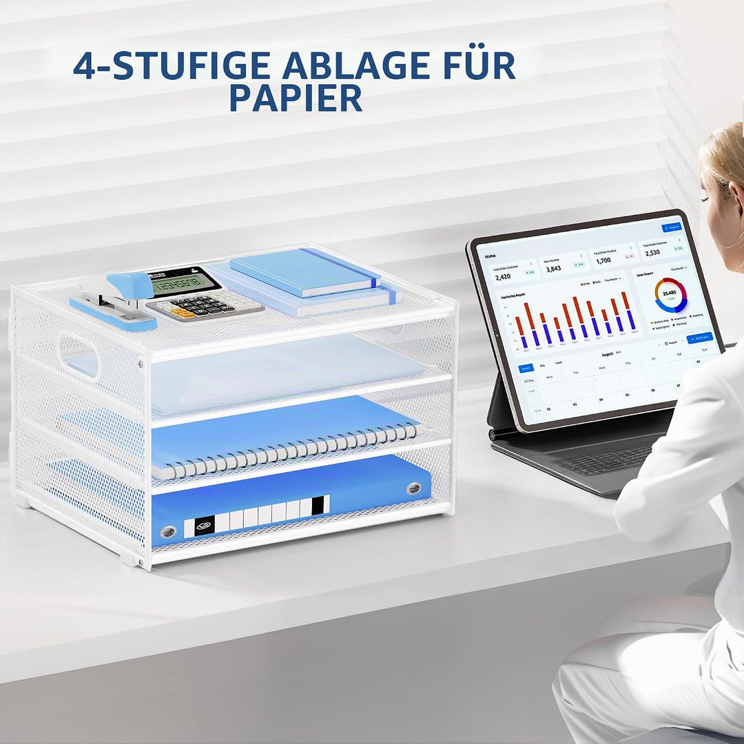 Marbrasse Schreibtisch Organizer,4-Stufiges Metall Netz-Briefablage mit Griff,Zeitungsordner,Papier
