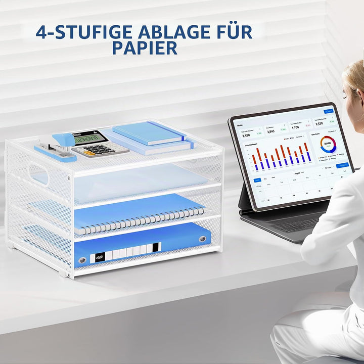 Marbrasse Schreibtisch Organizer,4-Stufiges Metall Netz-Briefablage mit Griff,Zeitungsordner,Papier