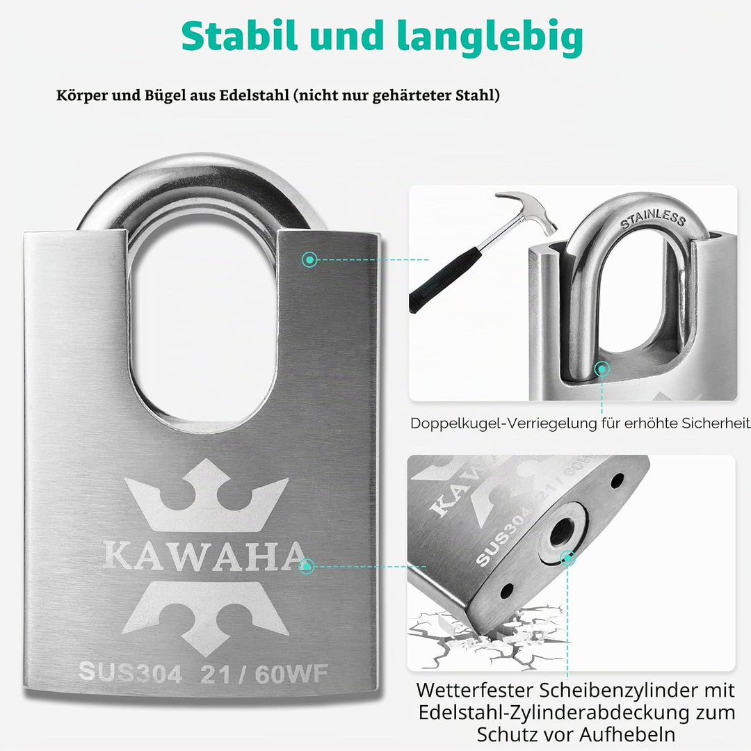 Hochsicherheits-Vorhängeschlösser aus Edelstahl 21/60-4PS mit Edelstahlschlüssel für den Innen- und
