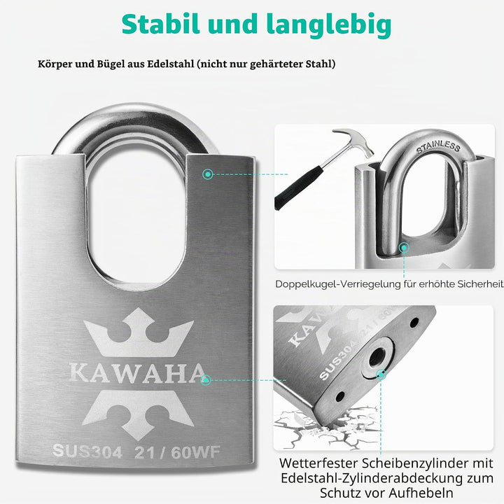 Hochsicherheits-Vorhängeschlösser aus Edelstahl 21/60-4PS mit Edelstahlschlüssel für den Innen- und