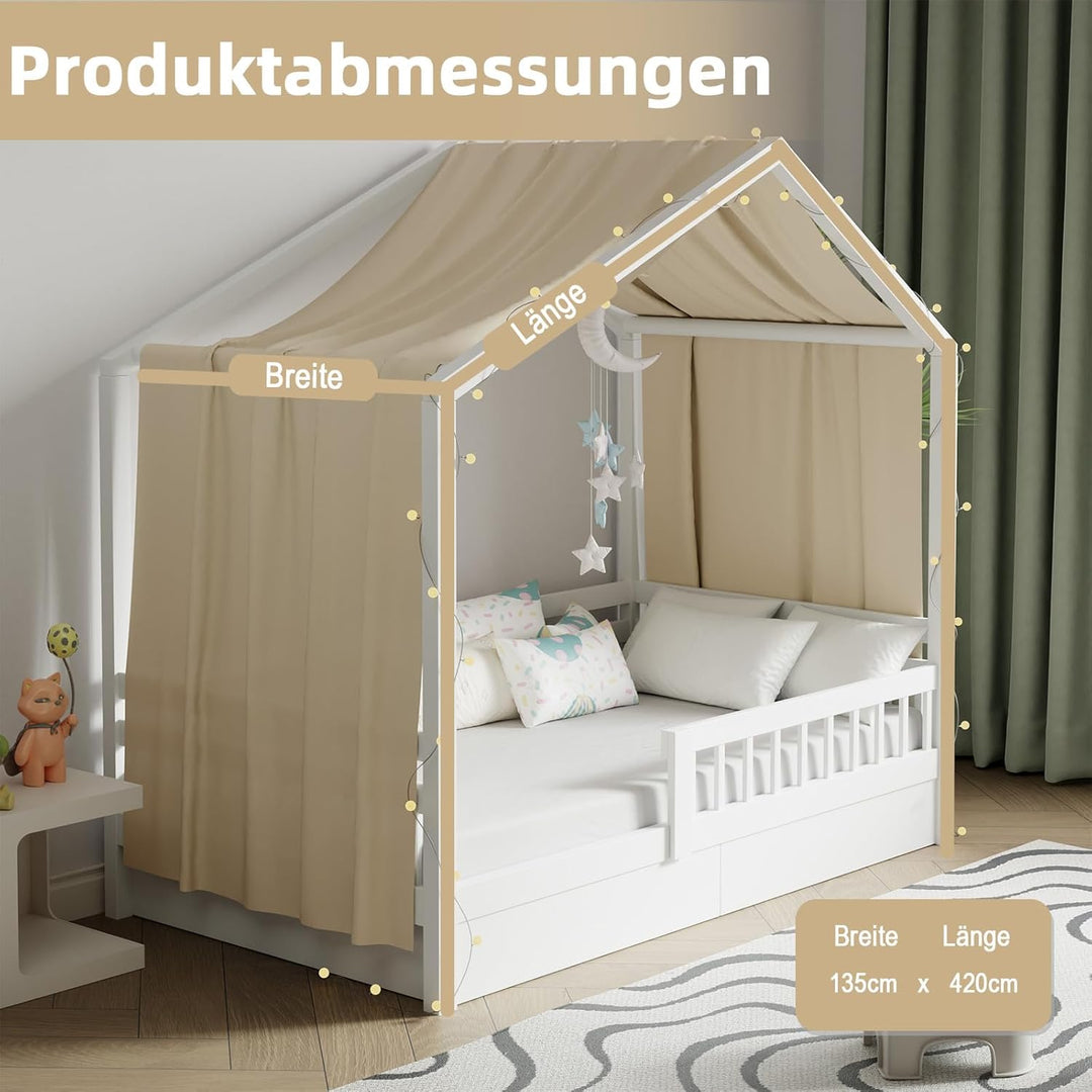 Hausbett Himmel mit Lichterkette 1 Stück Deko Baldachin Hausbett Vorhang,Betthimmel Musselin Stoffhi
