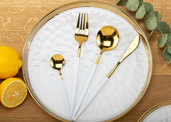 "HowHomely Goldenes Besteck Set 4 Elemente - Besteckset Gold - Essbesteck Gabeln, Messer und 2x Löff
