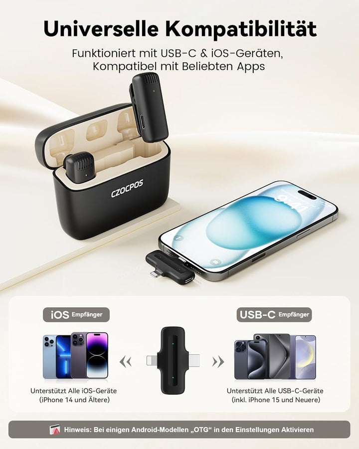 CZOCPOS Kabelloses Lavalier Mikrofon Wireless für iPhone/iPad/Android mit Ladebox, Geräuschunterdrüc