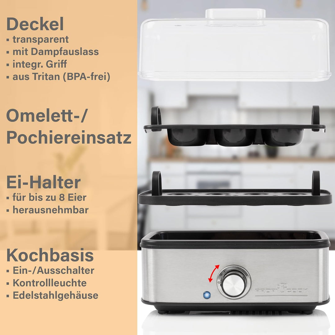 ProfiCook® Eierkocher für bis zu 8 Eier | Egg Cooker mit Omelett-/Pochier-Funktion | Egg Boiler mit
