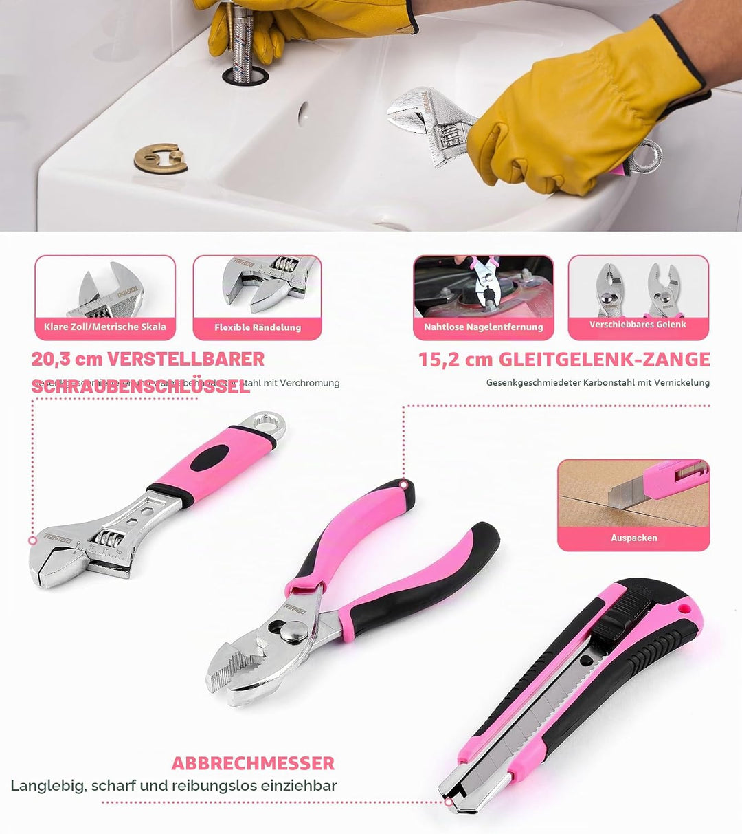DOWELL Rosa Werkzeugset für Damen, Mädchen, Damen, 123-teilig, mit Werkzeugkoffer