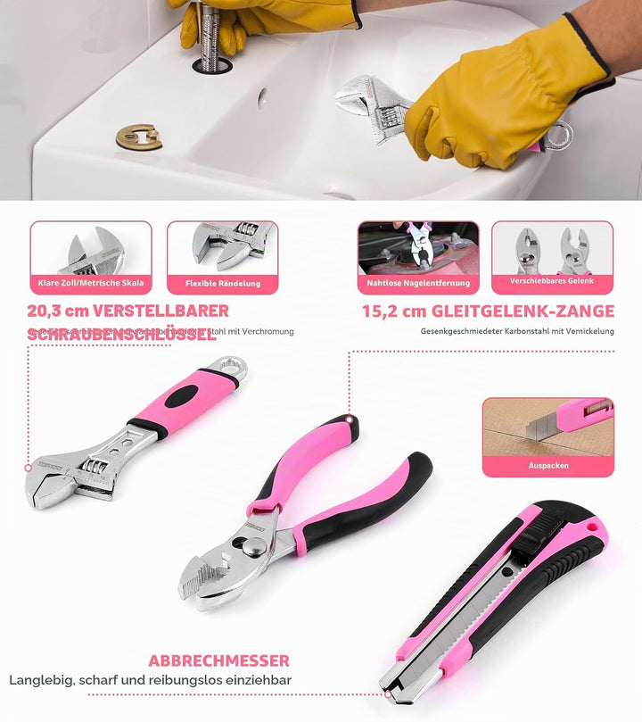 DOWELL Rosa Werkzeugset für Damen, Mädchen, Damen, 123-teilig, mit Werkzeugkoffer
