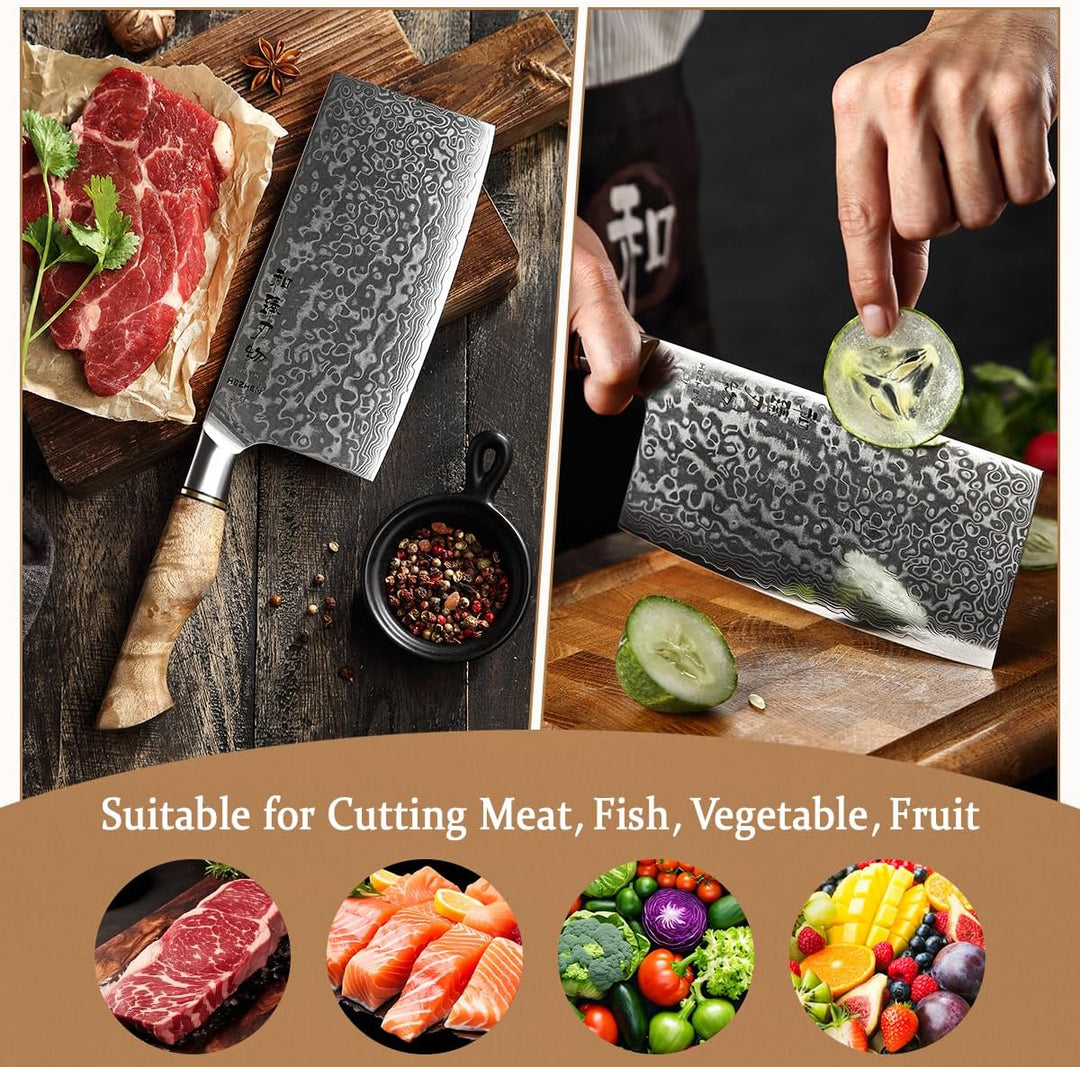 HEZHEN Küche Gemüse Fleischbeil Chinesischer Koch Kochmesser 17.3cm-Metzgermesser 67-Lagig Damaskus