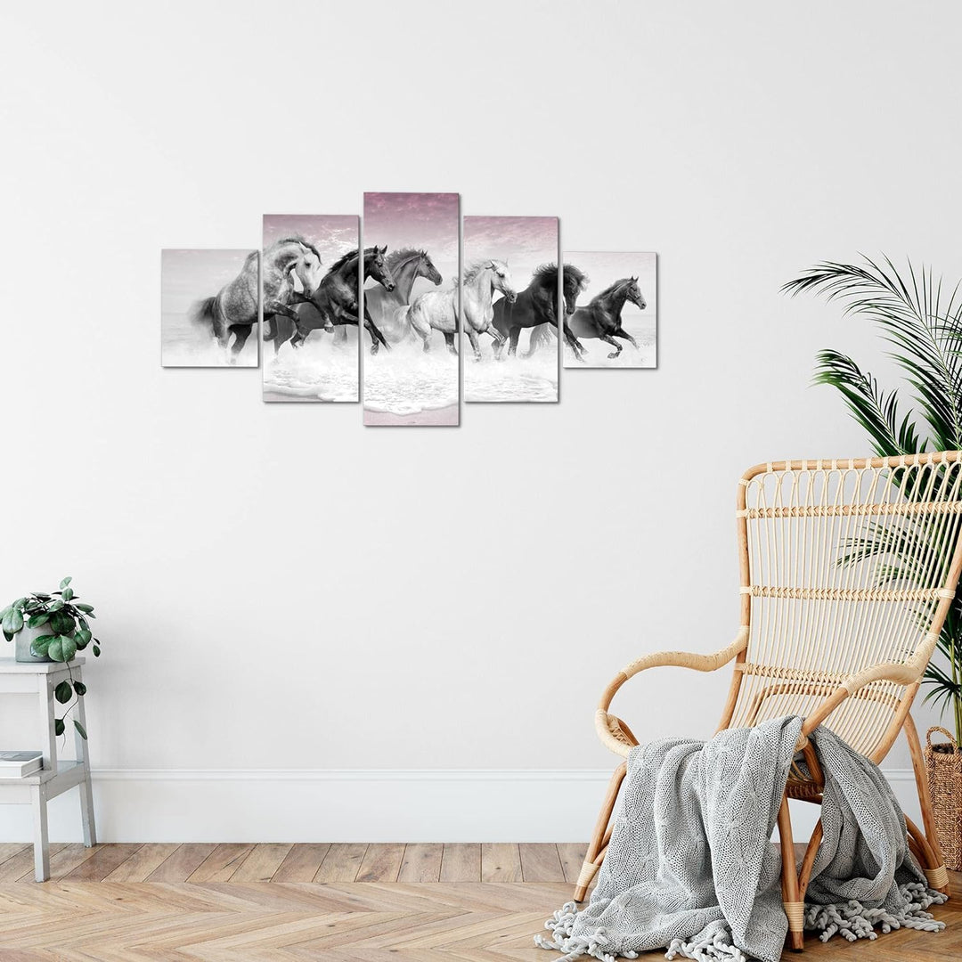 Runa Art Wandbilder Pferde 5 Teilig Bild auf Vlies Leinwand Deko Wohnzimmer Schlafzimmer Tiere Grau