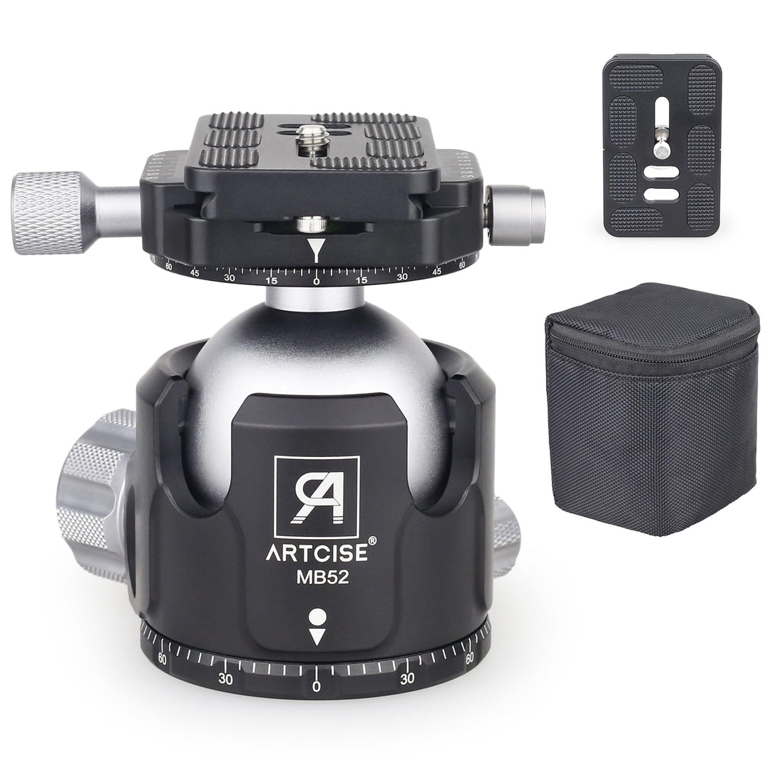 ARTCISE Robuster Kugelkopf, 52 mm, Dual-Panorama-Stativkopf mit niedrigem Profil und 2 x 6,35 mm Sch