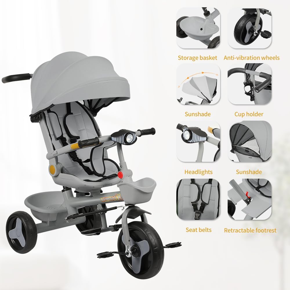 Multi-Funktions-Kinderdreirad, Dreirad 5 in1, Kleinkind-Dreiräder-Kinderwagen, mit Verstellbarem Sch