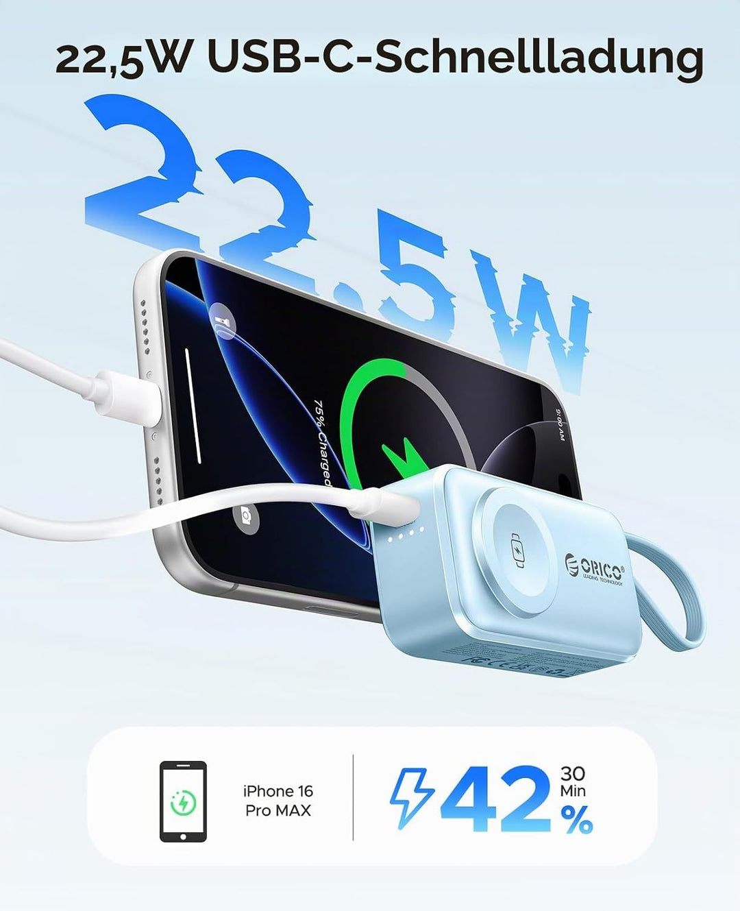 ORICO Mini Powerbank 5000mAh, PD 22,5W Externe Handyakkus mit Klappbarem USB-C Stecker &amp; USB-C Kabel