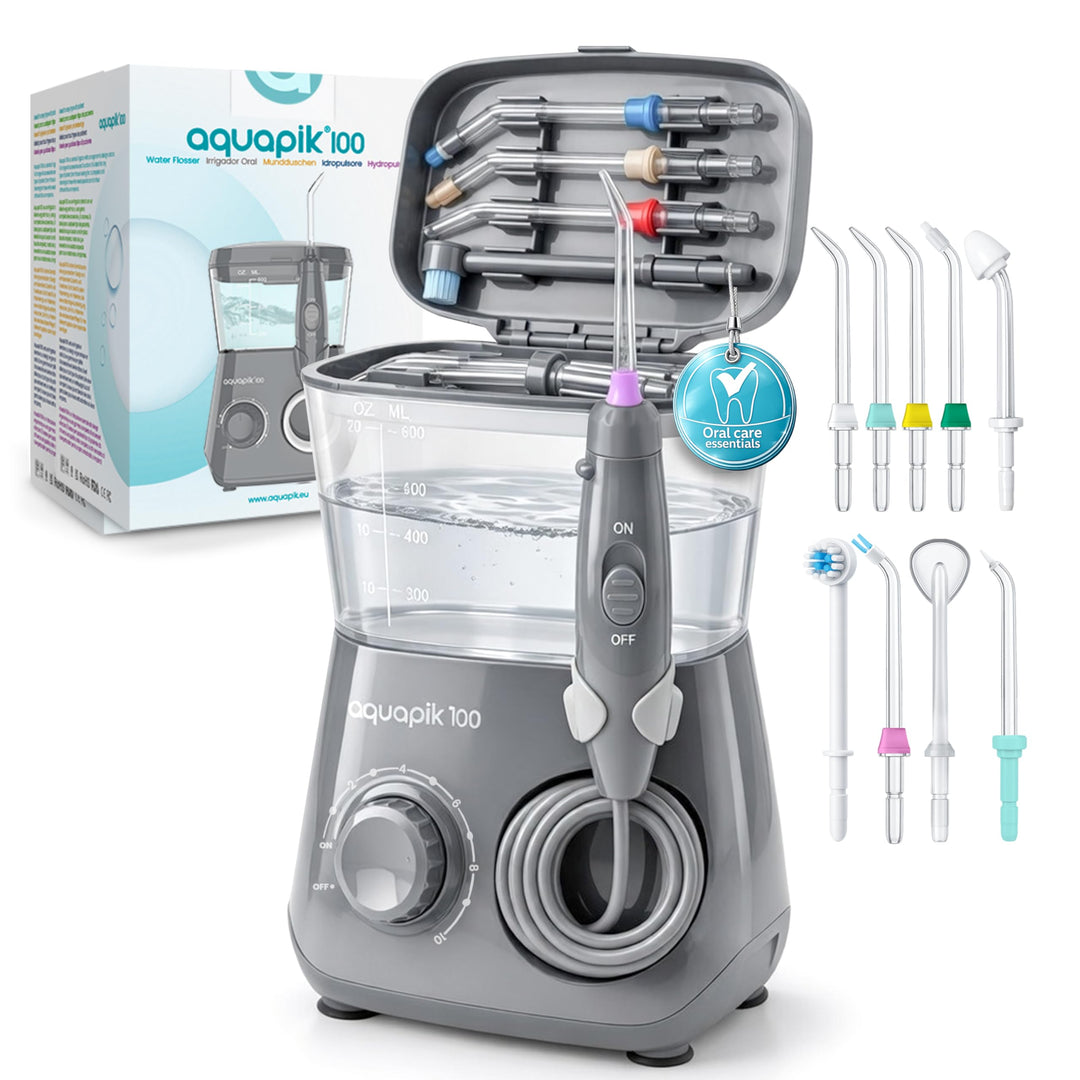 Aquapik® 100 professionelle Munddusche | Plaqueentferner + von Zahnärzten empfohlen | 8 Düsen, 10 Dr