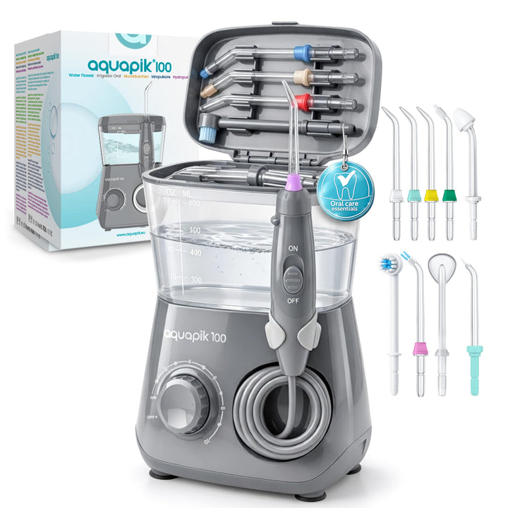 Aquapik® 100 professionelle Munddusche | Plaqueentferner + von Zahnärzten empfohlen | 8 Düsen, 10 Dr