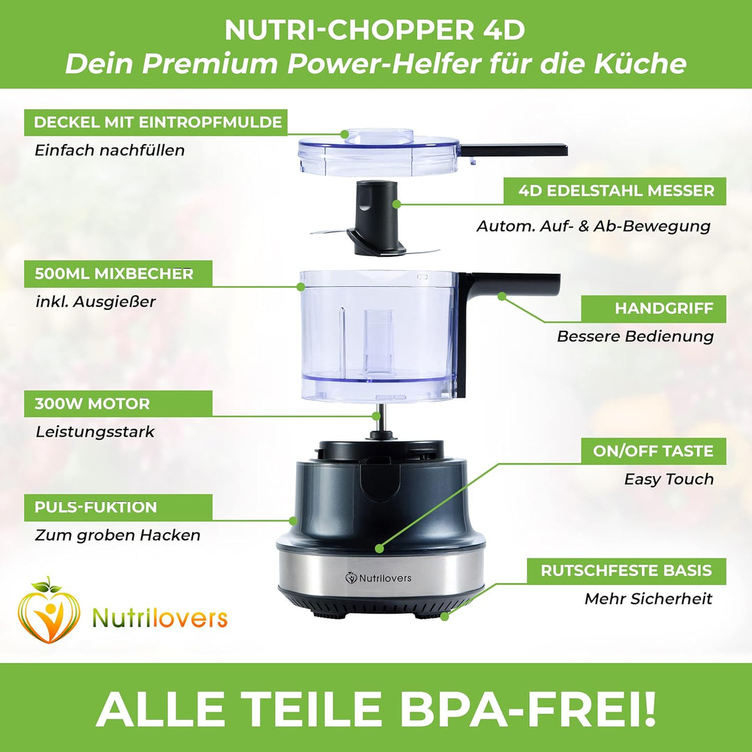 NUTRI-CHOPPER 4D Zerkleinerer Küche elektrisch mit AUTO-BLADE Funktion – BPA-frei – Deutsche Marke –