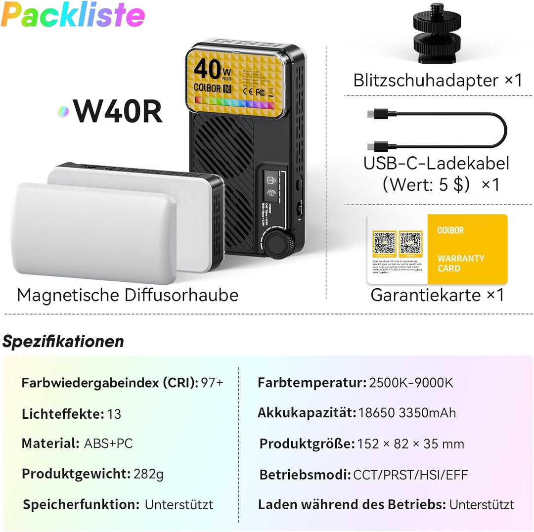Moman Kleines LED-Kameralicht 40W, Full RGB Videoleuchten mit Diffusor, APP-Steuerung, 2500-9000K, C