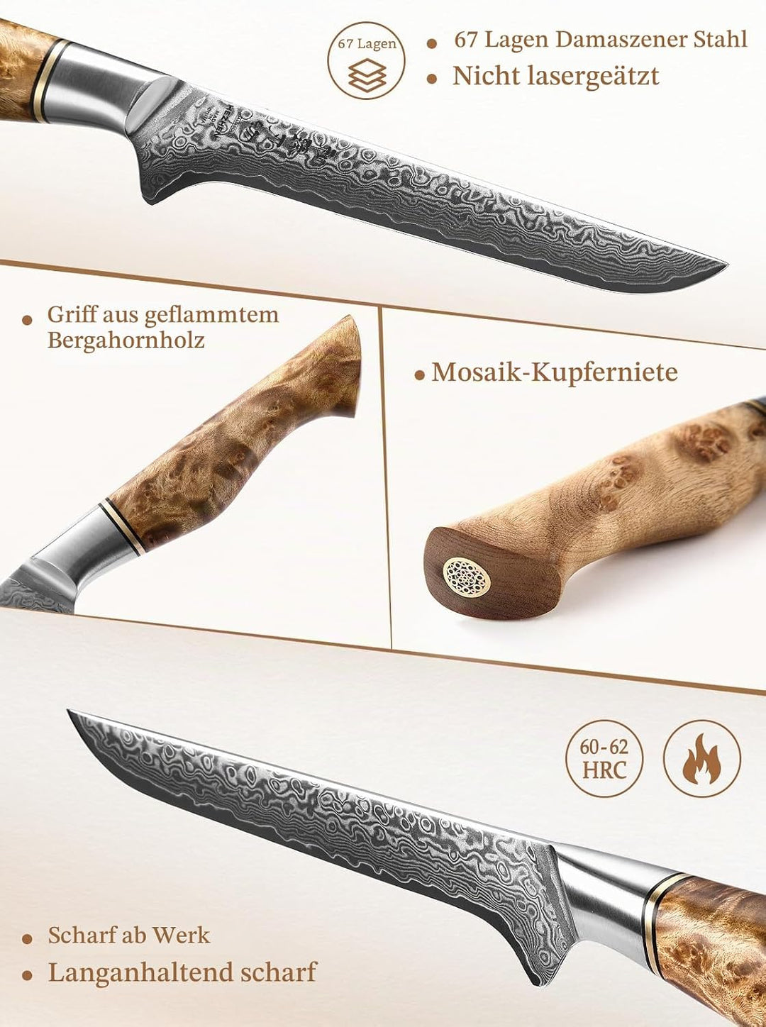 HEZHEN Ausbeinmesser,15.5cm-Filiermesser Profi Kochmesser mit scharfer Klinge Metzgermesser Ausbeine