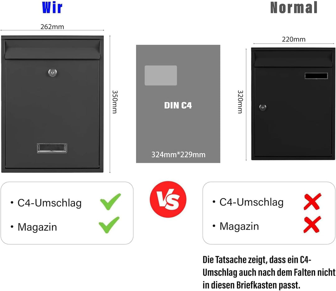 Zedelmaier XL Briefkasten Anthrazit, Wandmontage, mit Schloss und 4 Schlüsseln, passend für C4 Umsch
