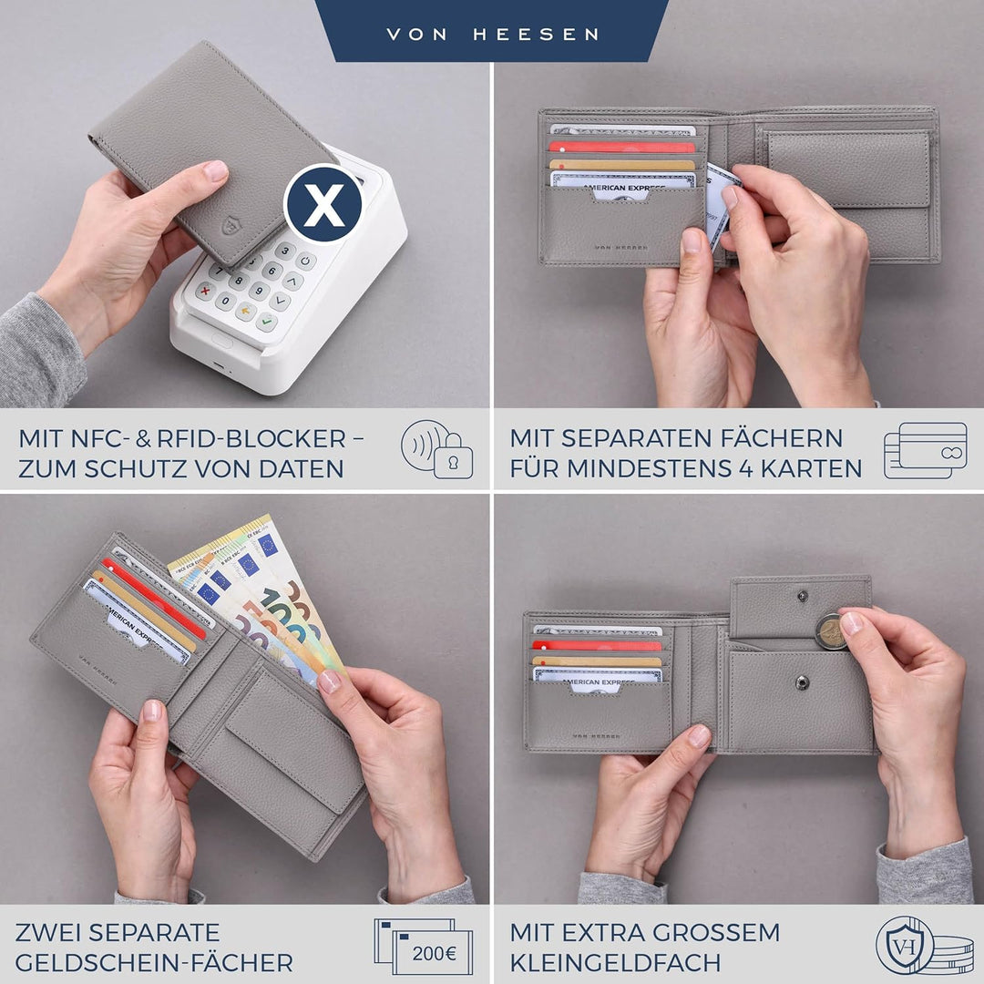 VON HEESEN Leder Geldbörse RFID Schutz I Echtleder Geldbeutel für Damen & Herren I Portemonnaie Brie