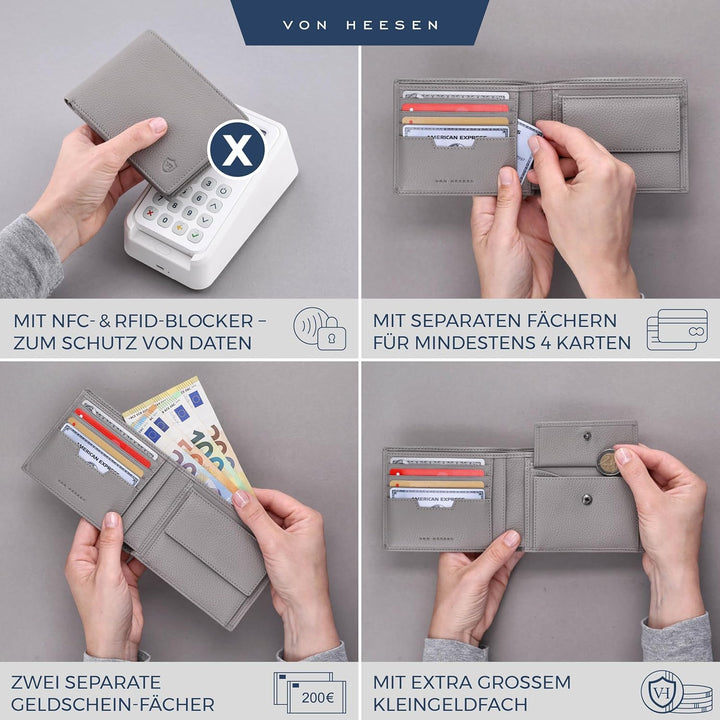 VON HEESEN Leder Geldbörse RFID Schutz I Echtleder Geldbeutel für Damen & Herren I Portemonnaie Brie
