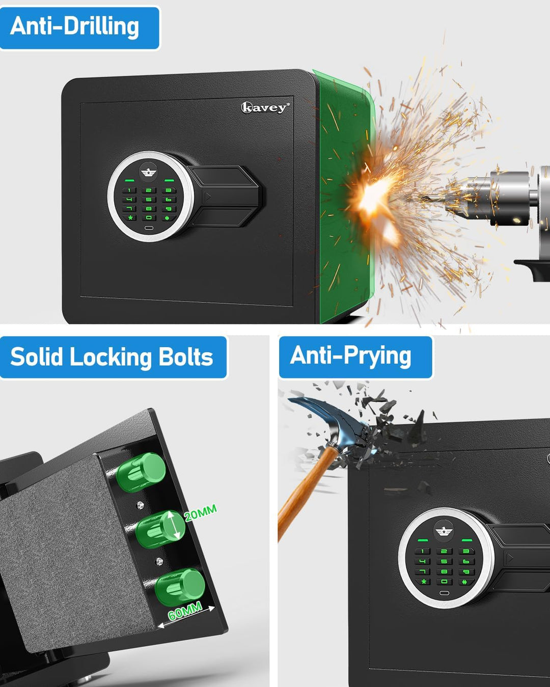 kavey 32L Safe Tresor, Möbeltresore mit digitalem Tastenfeld und dualem Alarmsystem, Geldkoffer mit