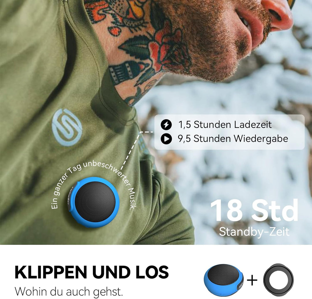 ANCwear Tragbarer Bluetooth-Lautsprecher mit 17 Soundmodi, integriertem Mikrofon, Clip-On-Design, wa