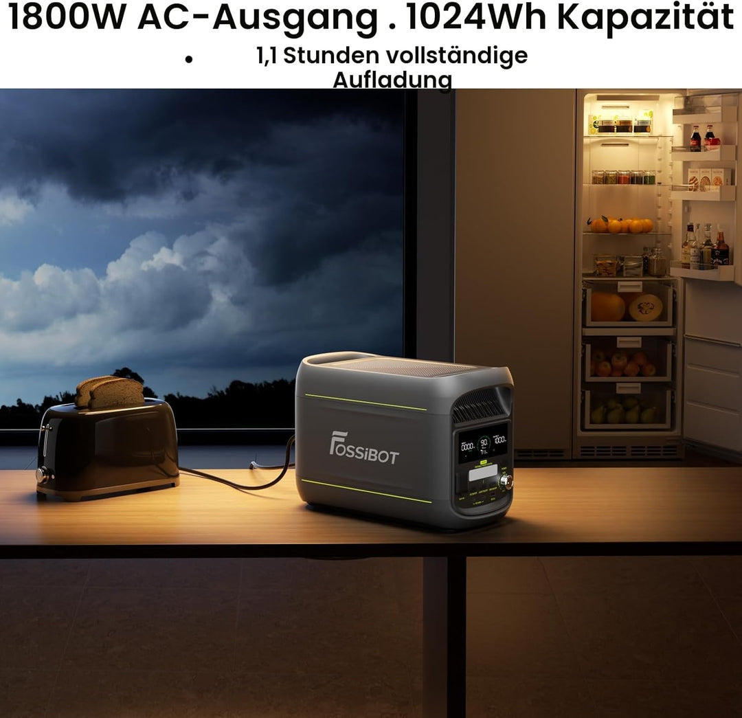 FOSSIBOT F1800 Tragbare Powerstation 1800W, 1024Wh LiFePO4 Solargenerator, 100W Typ-C, 45 Min. Schne