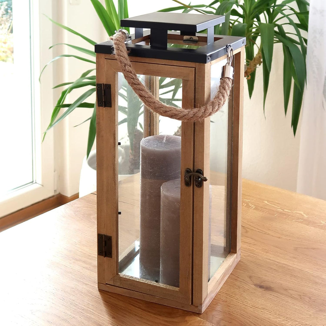 Dekovita 42cm Holz-Laterne - Gartenlaterne mit Glas-Scheiben und Kordel-Henkel - Windlicht Deko-Late