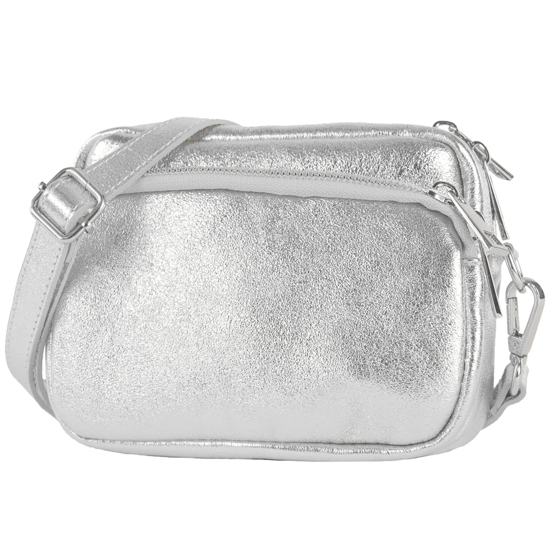 modamoda de - T231 - ital. Umhängetasche Klein Small aus Leder Silber-metallic, Silber-metallic