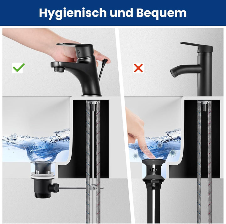 CECIPA Wasserhahn Bad Schwarz, Waschtischarmatur mit Zugstange und Ablaufgarnitur, Mischbatterie Was