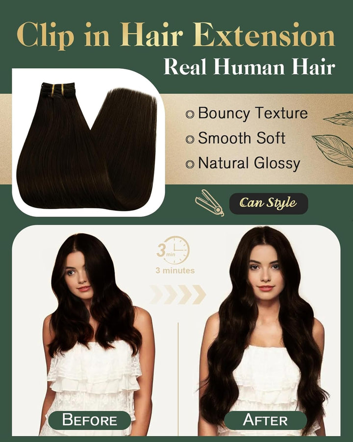 Ugeat Haarverlängerung Echthaar Clip in Extensions Echthaar Schokobraun Menschliches Haar Remy Clip