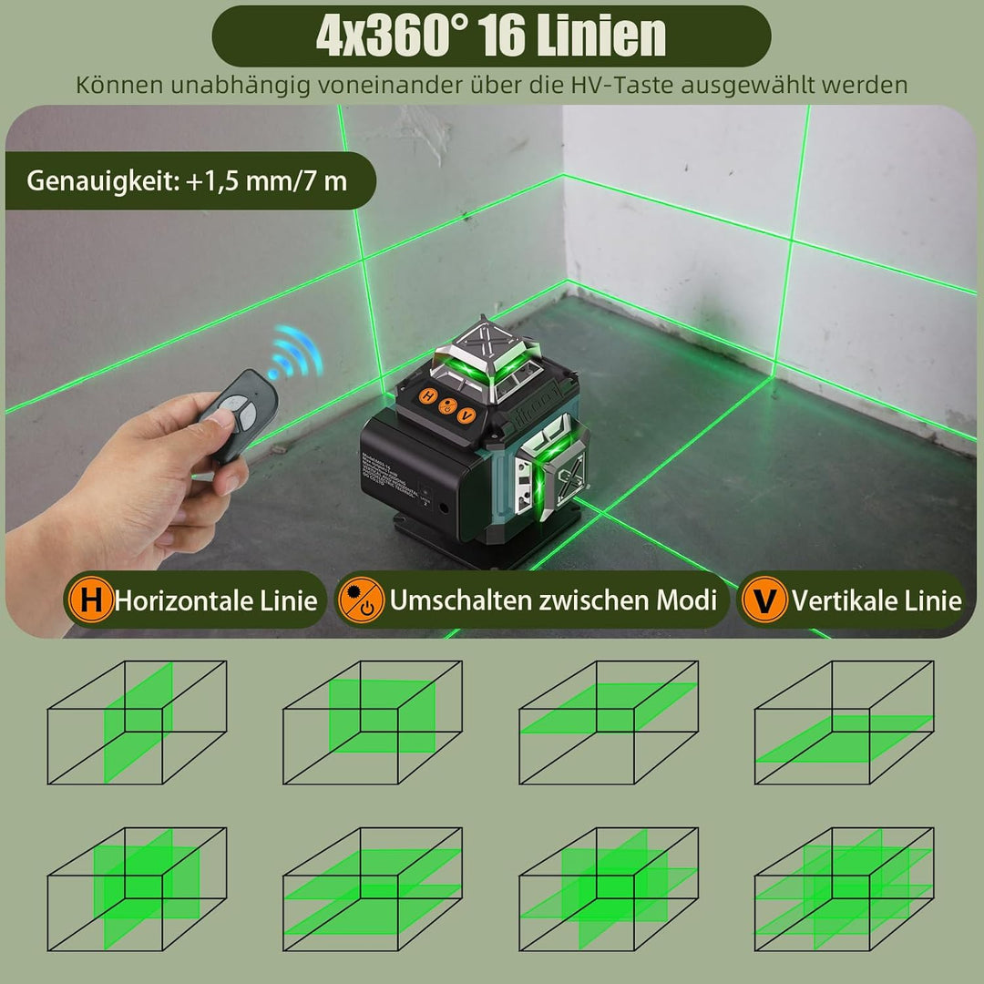 Kreuzlinienlaser Grün 16 Linien Nivellierlaser, 4 x 360 °Laser Wasserwaage Selbstnivellierend, Linie