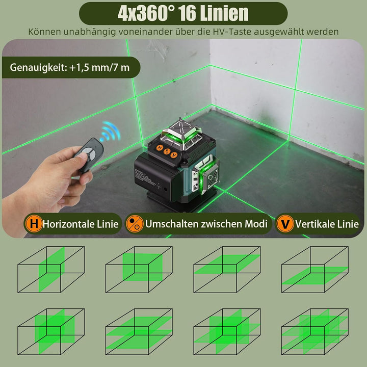 Kreuzlinienlaser Grün 16 Linien Nivellierlaser, 4 x 360 °Laser Wasserwaage Selbstnivellierend, Linie