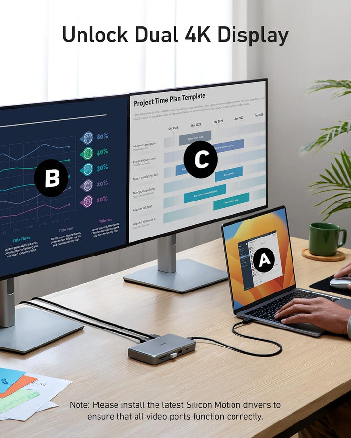 Anker 563 USB-C Hub 10-in-1 (Dual 4K HDMI, für MacBook) Dockingstation Zwei Monitore, mit max 100W P