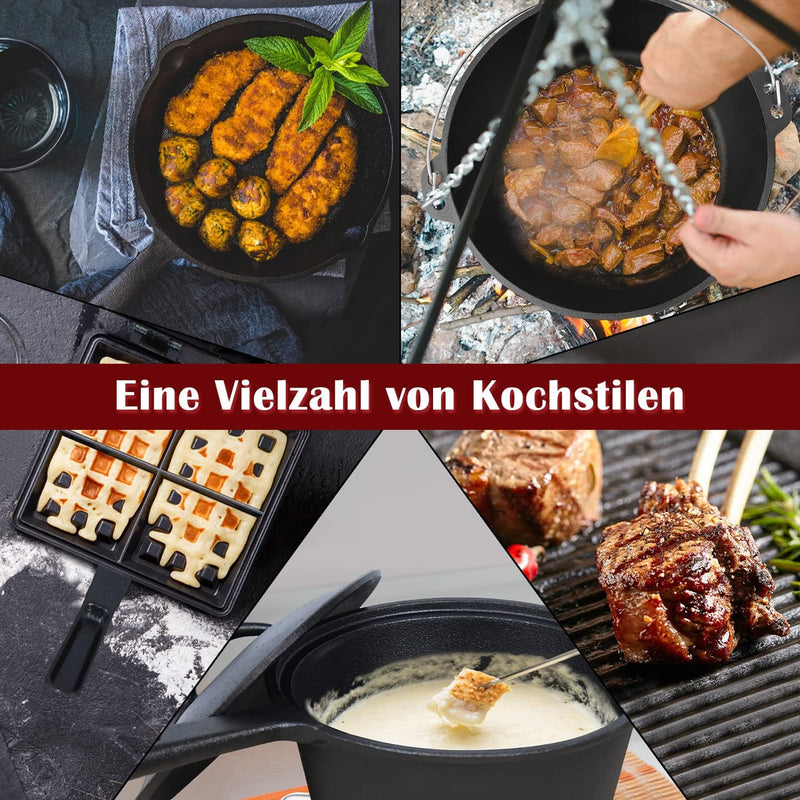 TRMLBE Dutch Oven Set in Holzkiste 12-teilig Gusseisen Kochtopf-Set mit Dutch Oven und viel Zubehör,