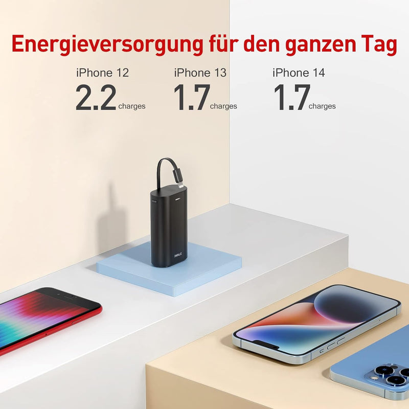 iWALK Klein Power Bank 9000mAh, Tragbares Externes Ladegerät mit Integrierte Kabel Mini Fast Charge