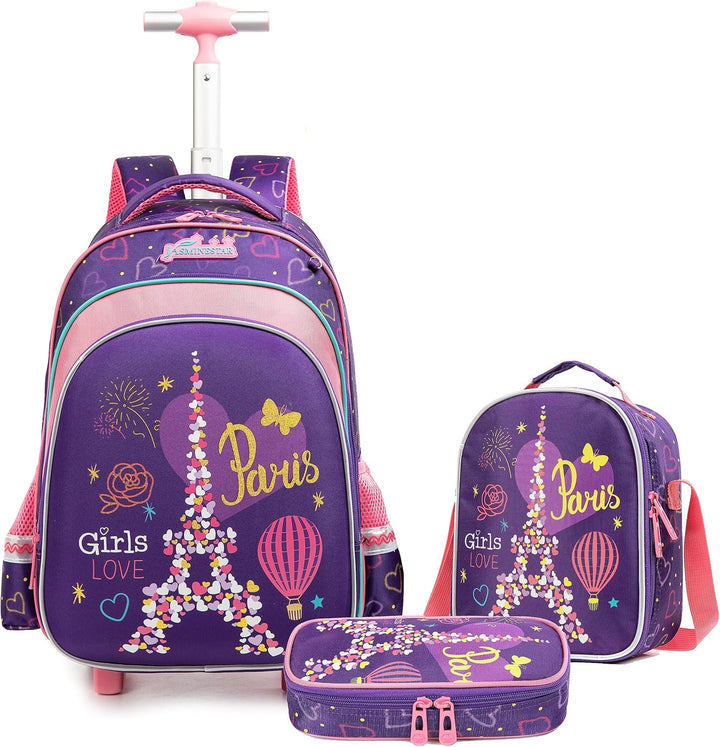 Egchescebo Schulranzen Kinder Rollrucksack für Mädchen 17" 3PCS Rollen Reiserucksäcke Lila-4, Lila-4