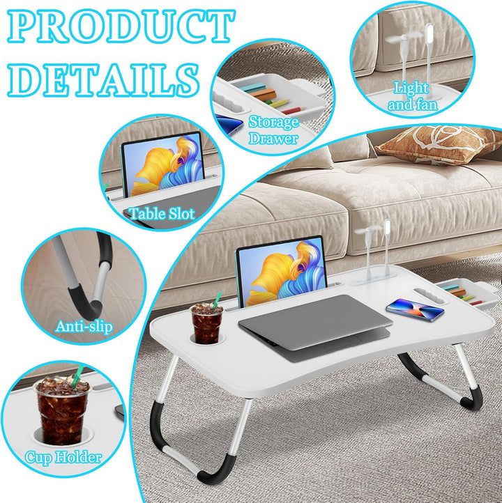 Soontrans Laptoptisch, 60 x 40 x 28 cm, Laptop Tisch mit Schublade, Getränkehalter, Kleiner Ventilat