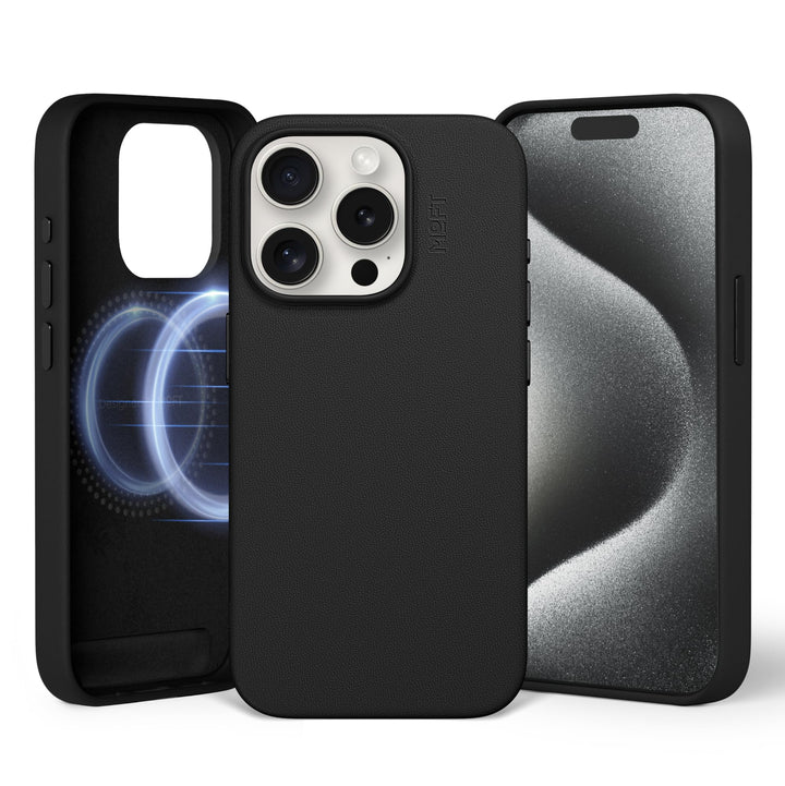 MOFT Magnetische Hülle für iPhone 15 Pro Kompatibel mit MagSafe, MOVAS Vegane Lederhülle, Weiches Be