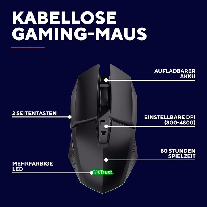 GXTrust 1108 Vylax Wiederaufladbare Kabellose Gaming Maus, 80 Stunden Akkulaufzeit, Verstaubarer USB
