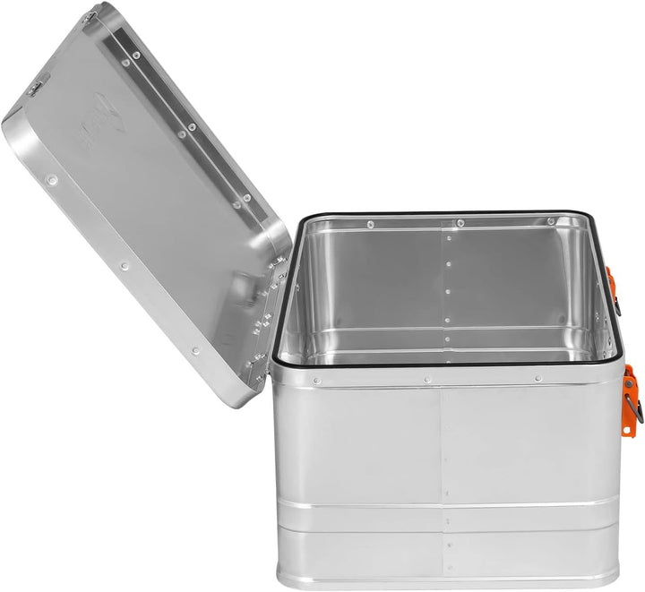 alubox Werkzeugtruhe Werkzeugkoffer 40 L silber Alu glänzend - orange Schnallen - Frontgriff - 040 L