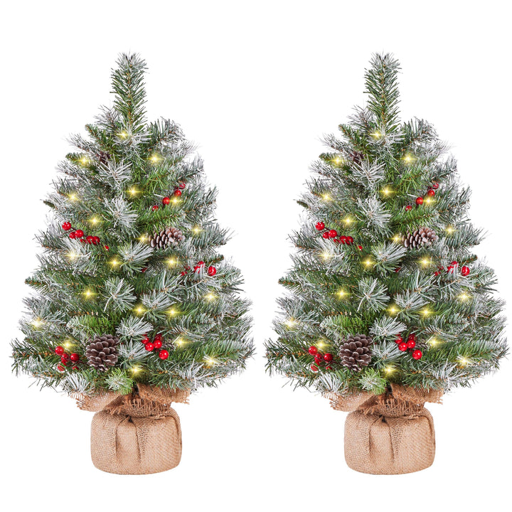 Yaheetech 2 Stück 66 cm Mini Künstlicher Weihnachtsbaum mit Schnee inkl. 35 Warmweiss LED &amp; 42 Roten