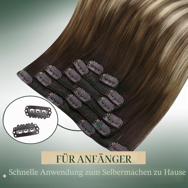 Ugeat 55cm Echthaar Extensions 120 Gramm Clip in Echthaar Tressen Clips Echthaar Dunkel Braun bis Mi