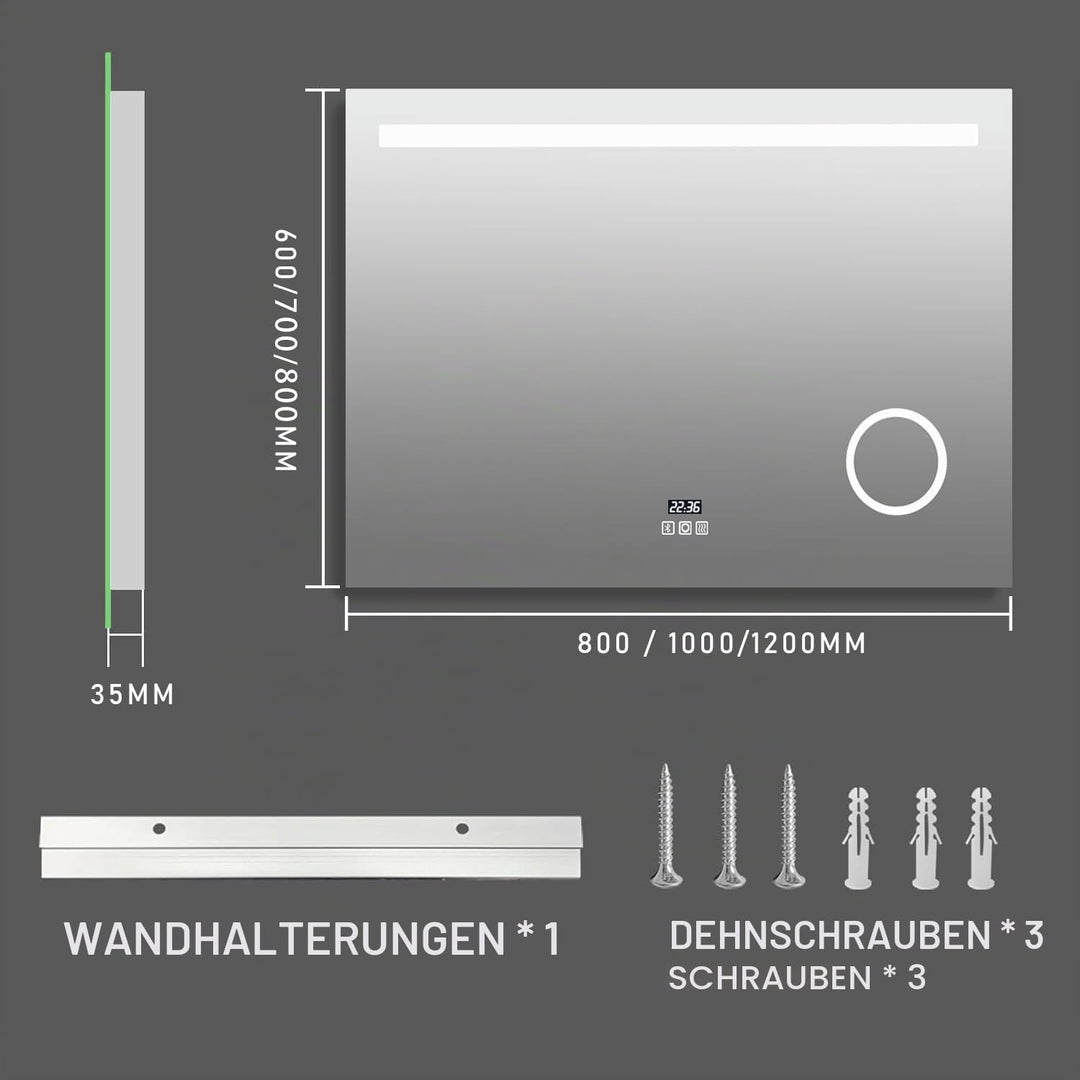 LED Badspiegel mit Beleuchtung 80x60 cm, Bad Spiegel Gross badezimmerspiegel mit Steckdose + Uhr und